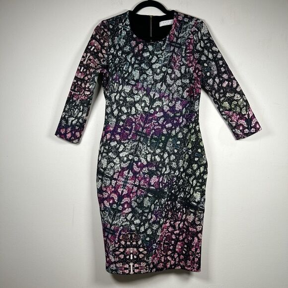 Hunter Bell Addison Black Patterned Scuba Bodycon Long Sleeve Midi Dress Large L - Picture 1 of 11